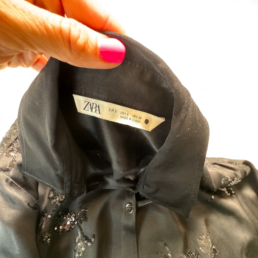 Zara Black Sequin Embroidered Satin Pajama Set Blouse Small Pants Medium Co-ord - Picture 10 of 13